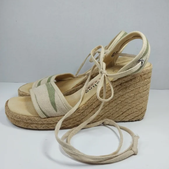 Carolina Colours Size 7 Tan Green Espadrille Wedge Y2K Tie Ankles Sandals Shoes - Picture 4 of 12